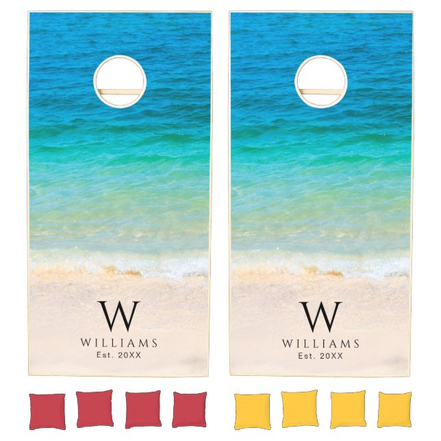 Custom Modern Seaside Beach Waves Monogram Names Cornhole Set (Set)
