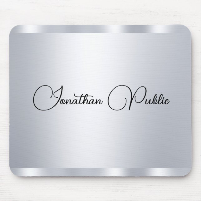 Custom Modern Silver Metallic Look Typography Name Mouse Pad (Front)