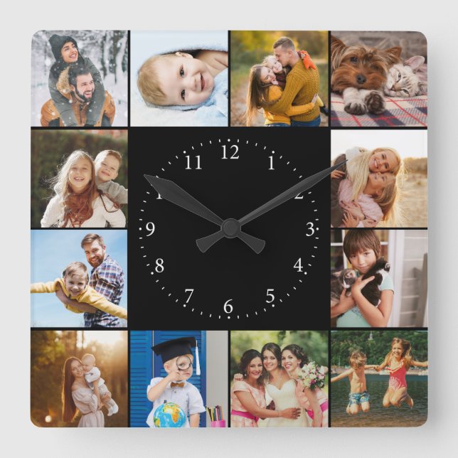Custom Modern Simple Easy Family Photo Collage Square Wall Clock (Front)