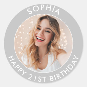 Custom Modern Simple Happy 21st Birthday Photo Classic Round Sticker