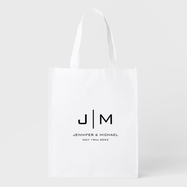 Custom Modern Simple Monogram Wedding Couple Grocery Bag (Front)