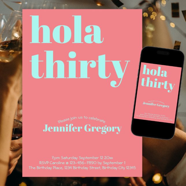 Custom Modern Spanish Hola Thirty 30th birthday  Invitation (Creator Uploaded)
