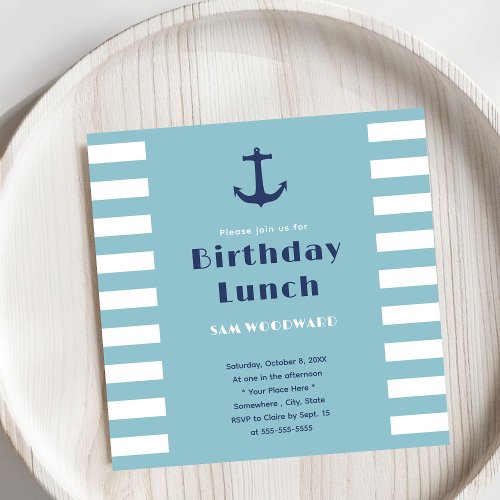 Custom Modern Stripe Nautical Birthday Lunch Blue  Invitation