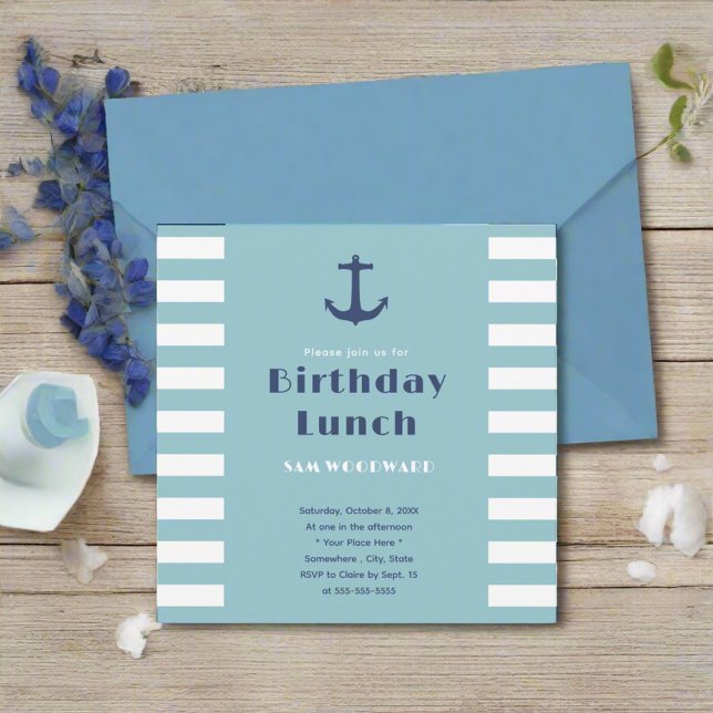 Custom Modern Stripe Nautical Birthday Lunch Blue  Invitation (Creator Uploaded)