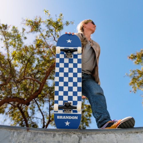 Custom Modern Stylish Blue White Checkered Pattern Skateboard