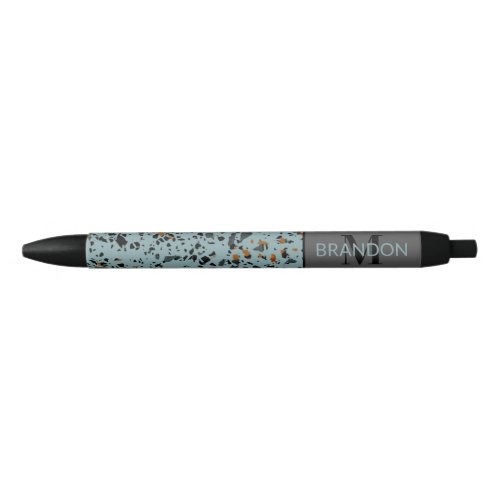 Custom Modern Teal Gray Brown Black Terrazzo Art Black Ink Pen