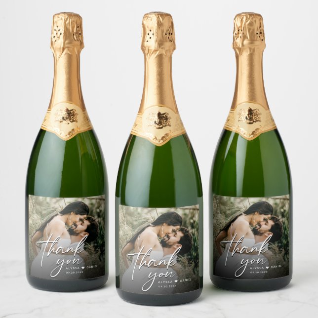 Custom Modern Thank you Script Photo Wedding  Sparkling Wine Label (Bottles)
