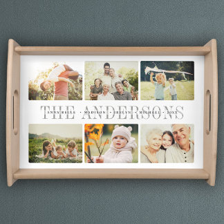 Custom Modern Trendy Family Name Photo Collage Serving Tray