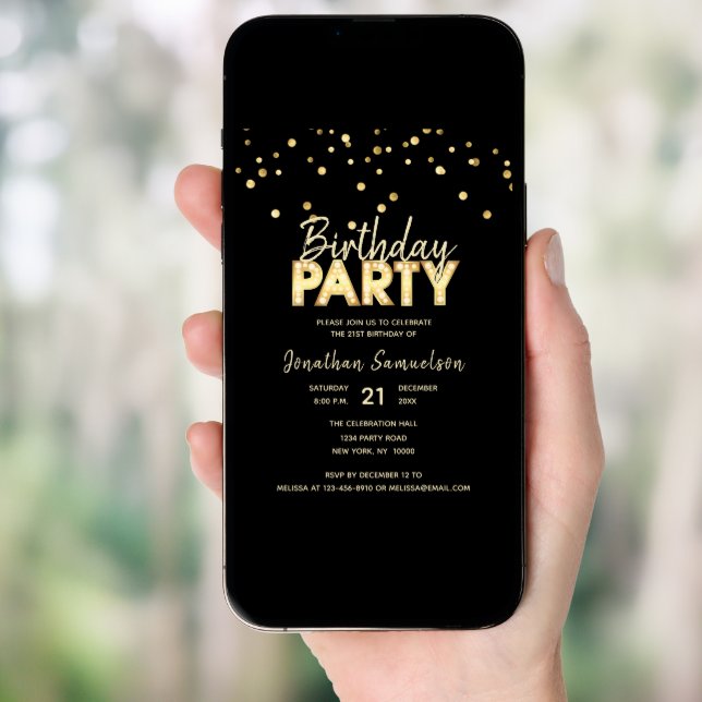 Custom Modern Trendy Gold Black BIRTHDAY PARTY Invitation (Front Digital)