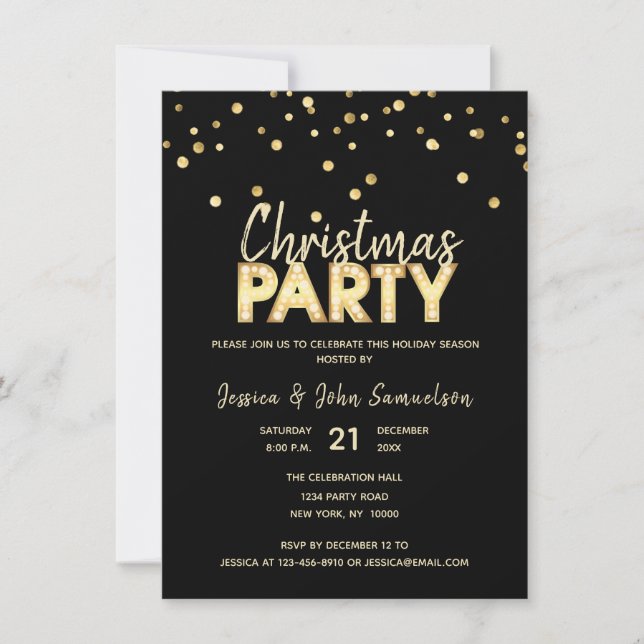 Custom Modern Trendy Gold Black CHRISTMAS PARTY Invitation (Front)