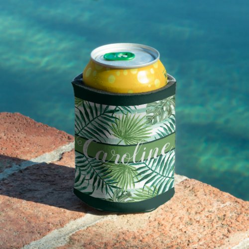 Custom Modern Tropical Green Palm Leaves Pattern Can Cooler