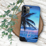Custom Modern Tropical Island Beach Sunset Photo iPhone 11Pro Max Case<br><div class="desc">Contemporary and classy photo of light and dark blue, turquoise, violet, amethyst purple, and pastel pink colored sunset on a tropical and exotic Hawaiian island beach with palm trees. With the option to customize or personalize with name and monogram, or initials of your choice. A cute, modern, and pretty decorative...</div>