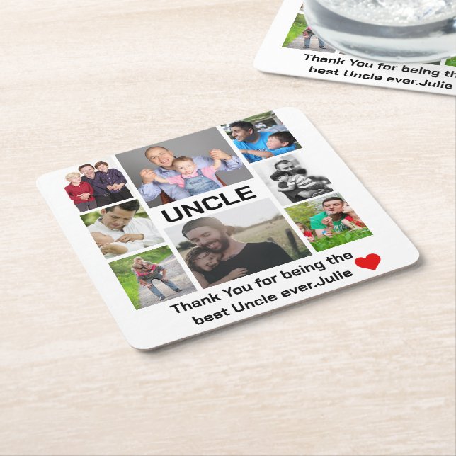 Custom modern Uncle 8 Photo Collage  Square Paper Coaster (Angled)