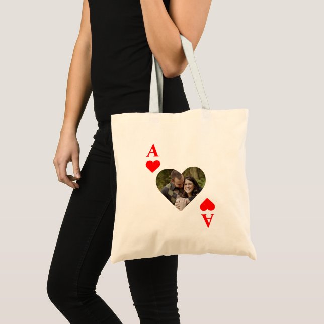 Custom modern unique poker heart photo monogram tote bag (Front (Product))