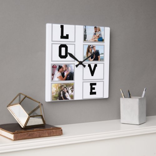 Custom Modern Valentines Day 4 Photo Collage  Square Wall Clock
