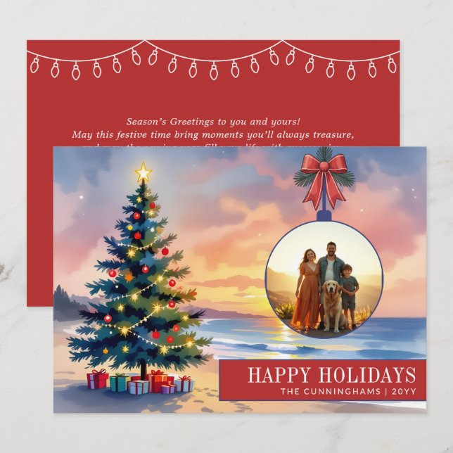 Custom Modern Watercolor Beach Christmas Ornament Holiday Card (Front/Back)