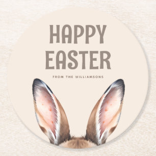 Custom Modern Watercolor Cute Easter Bunny Ears Round Paper Coaster