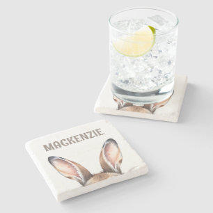 Custom Modern Watercolor Cute Easter Bunny Ears Stone Coaster