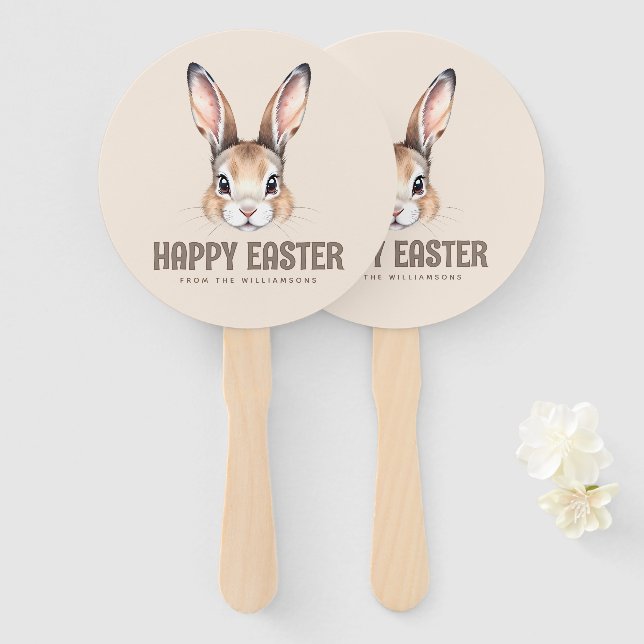 Custom Modern Watercolor Cute Easter Bunny Neutral Hand Fan (Front and Back)