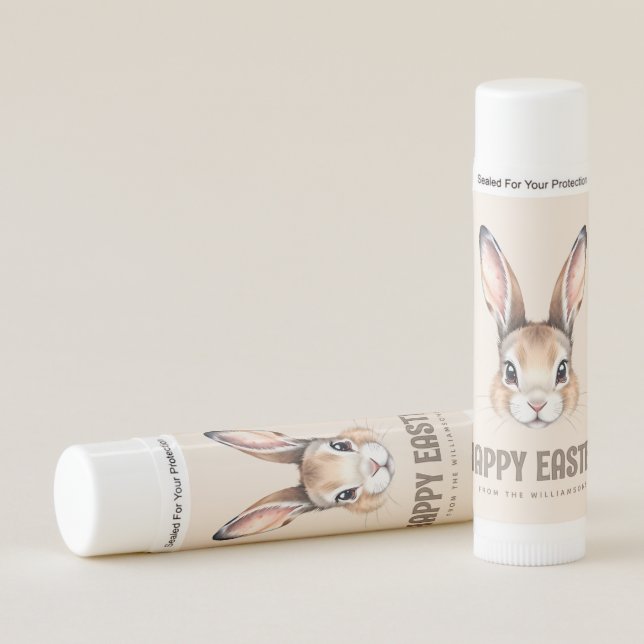 Custom Modern Watercolor Cute Easter Bunny Neutral Lip Balm (Front)
