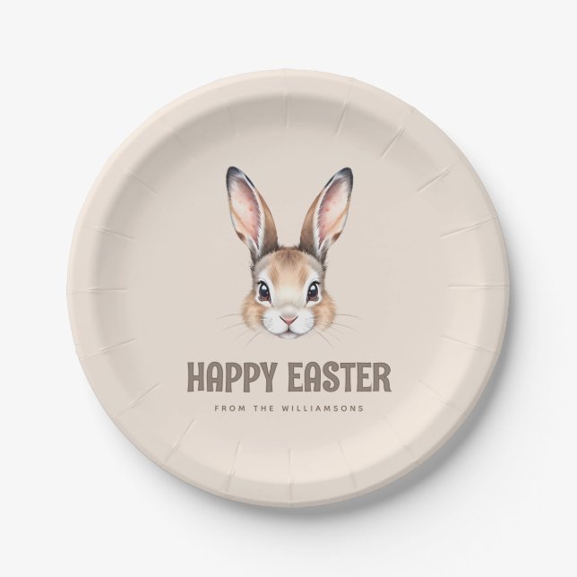 Custom Modern Watercolor Cute Easter Bunny Neutral Paper Plates (Front)