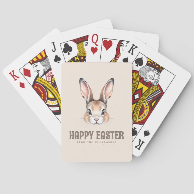 Custom Modern Watercolor Cute Easter Bunny Neutral Poker Cards (Back)