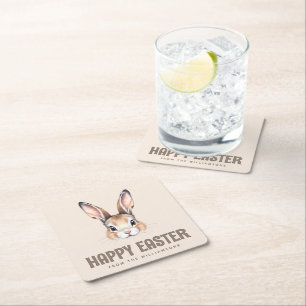 Custom Modern Watercolor Cute Easter Bunny Neutral Square Paper Coaster