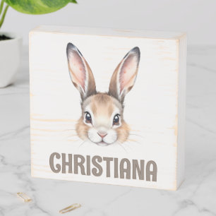 Custom Modern Watercolor Cute Easter Bunny Neutral Wooden Box Sign