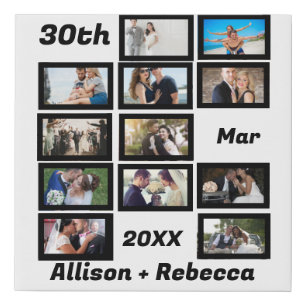 Custom Modern Wedding Anniversary 12 Photo Collage Faux Canvas Print