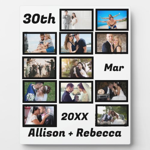 Custom Modern Wedding Anniversary 12 Photo Collage Plaque