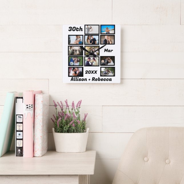 Custom Modern Wedding Anniversary 12 Photo  Square Wall Clock (Reading Room)