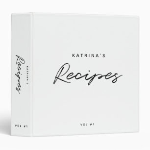 Custom Modern White Black Minimalist Script Recipe 3 Ring Binder