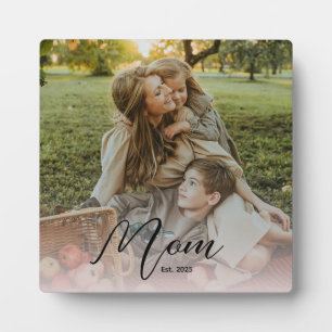 Custom Mom Est. Modern Script Soft Overlay Photo Plaque