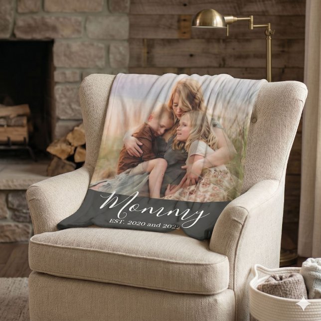 Custom Mom Established Modern Script Photo  Fleece Blanket (Creator Uploaded)
