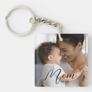 Custom Mom Established Modern Script Photo Keychain