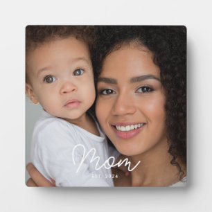 Custom Mom Established Modern Script Photo Plaque