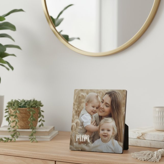 Custom Mom Established Modern Script Photo Plaque (elegant minimal trendy script mom established date custom photo plaque home decor gift for mothers)