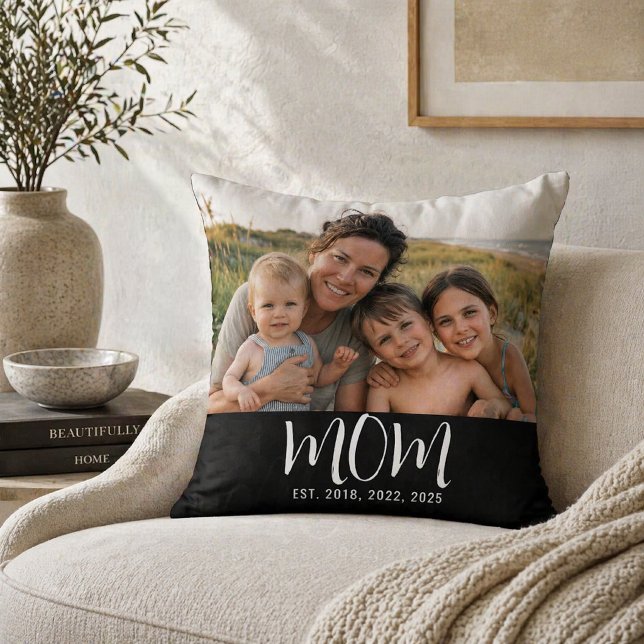 Custom Mom Established Modern Script Photo Throw Pillow (Creator Uploaded)