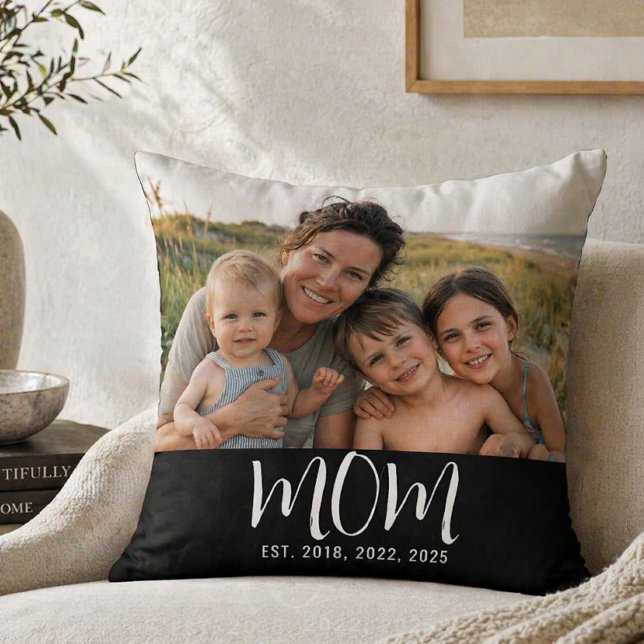 Custom Mom Established Modern Script Photo Throw Pillow (Creator Uploaded)