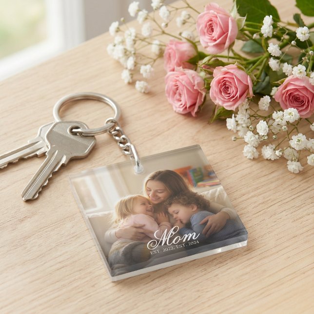 Custom Mom Photo Script Est Date Mother's Day Keychain (Mom Established White Elegant Script Photo Keychain )