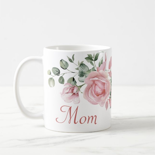 Custom Mom Pink Roses Floral Personalized  Coffee Mug (Left)