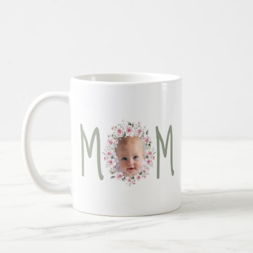 Custom Mom Typography Green Pink Flowers Photo Coffee Mug