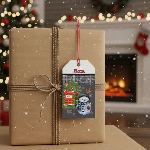 Custom Mom Whimsical Snowman Grey Plaid Christmas Gift Tags