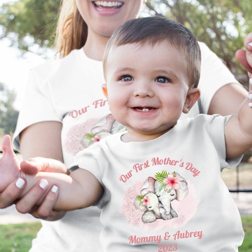 Custom Mommy  Baby Elephant First Mothers Day T Baby Bodysuit