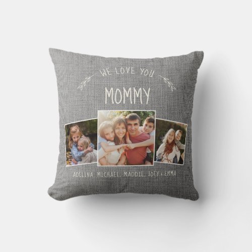Custom Mommy Photo Collage Rustic Modern Grey Throw Pillow