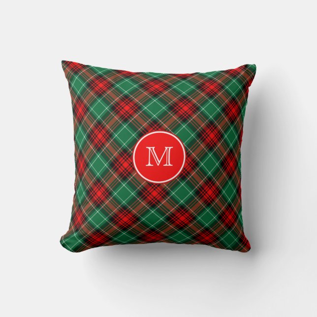 Custom Momogram Red and Green Holiday Plaid Throw Pillow (Front)