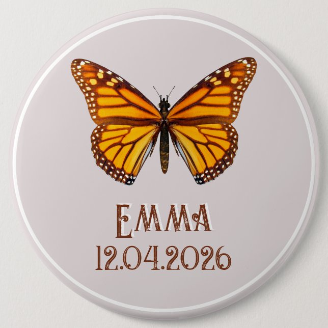 Custom Monarch Butterfly Name Date Art Button (Front)