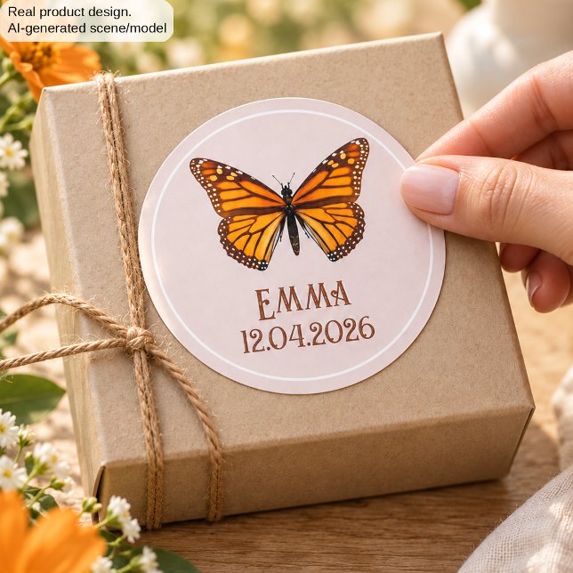 Custom Monarch Butterfly Name and Date Round Stickers