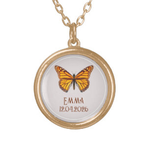 Custom Monarch Butterfly Name Date Art Gold Plated Necklace