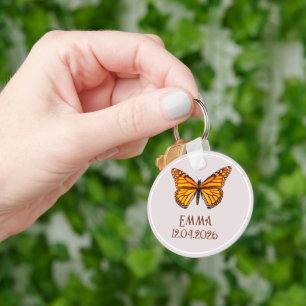 Custom Monarch Butterfly Name Date Art Keychain